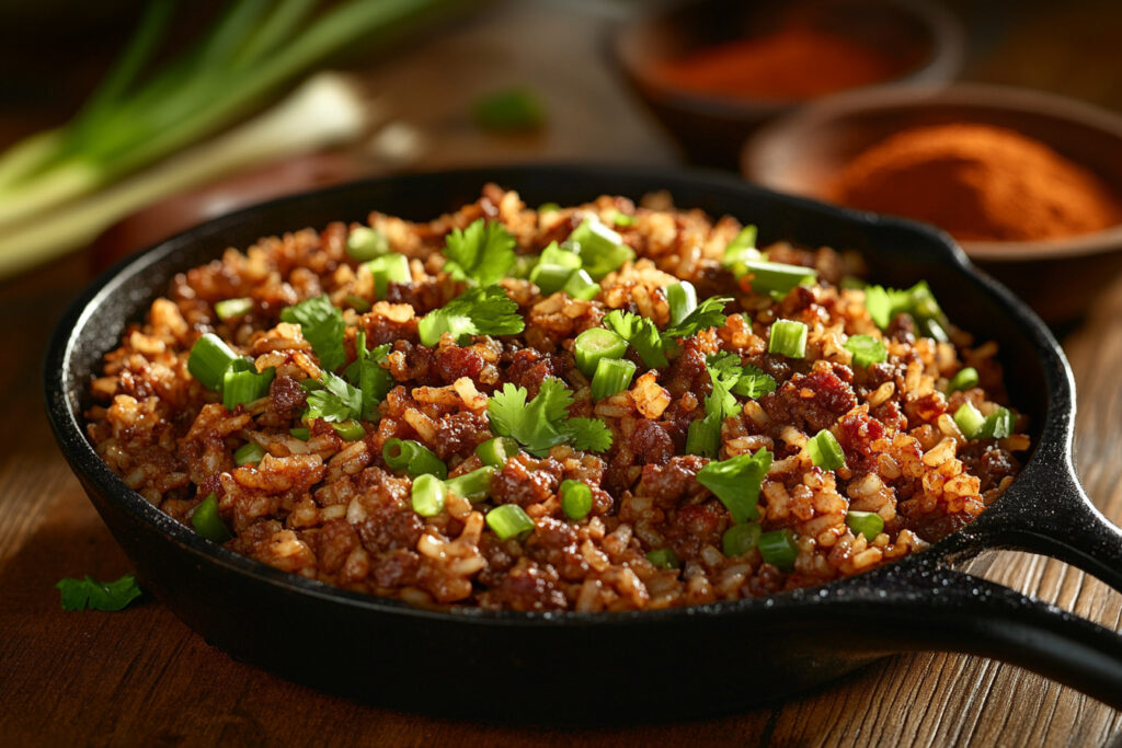 A cast-iron skillet of dirty rice garnished with green onions and parsley.