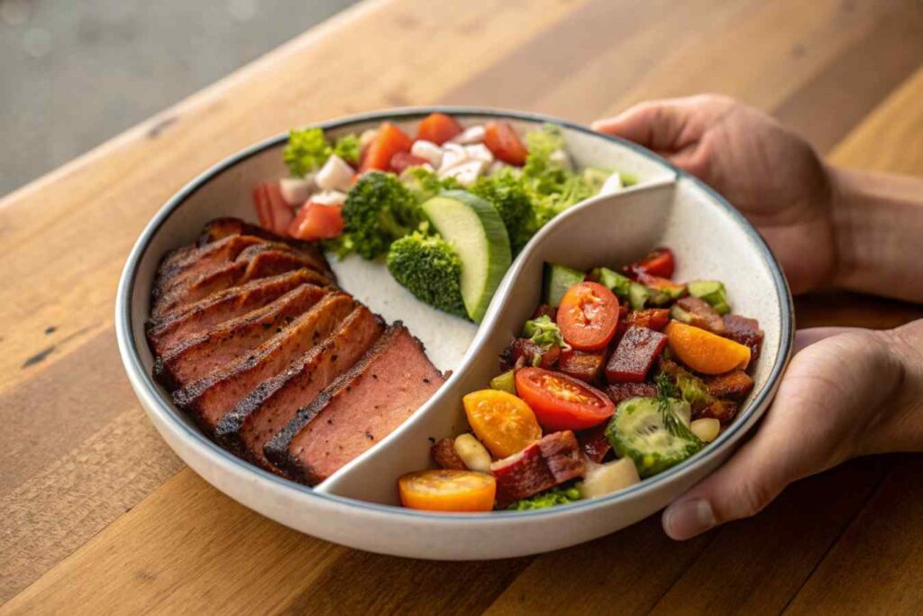 Is Smoked Meat Really That Bad? How to Enjoy It Safely and Responsibly 2 A comparison of smoked meat portions with fresh vegetables on a plate.