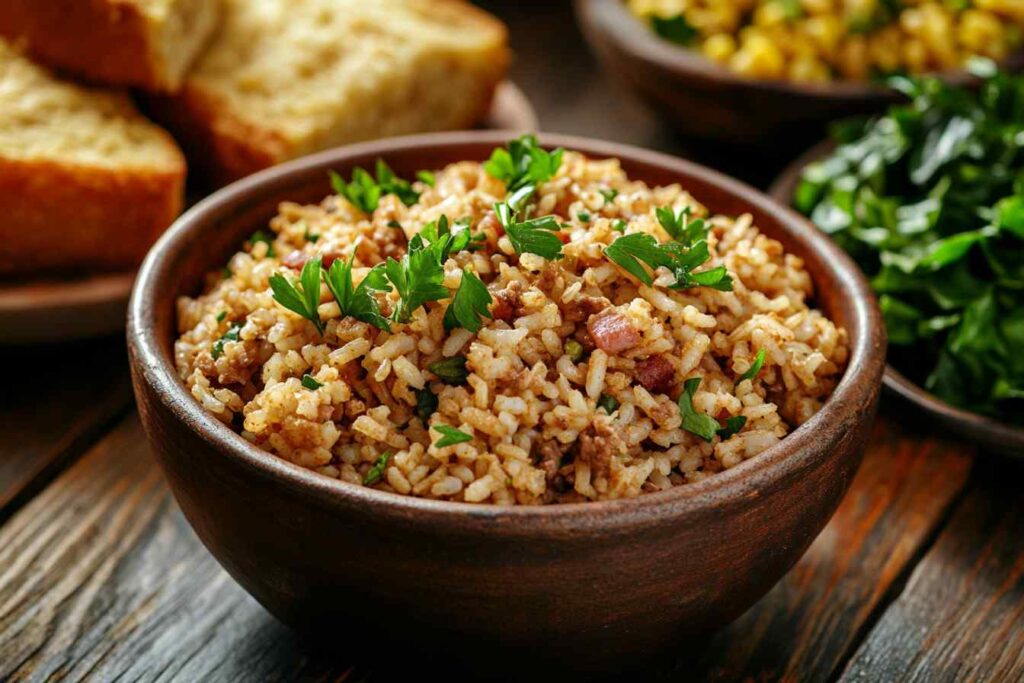 What Goes with Dirty Rice - Dirty rice served with fried chicken and cornbread.