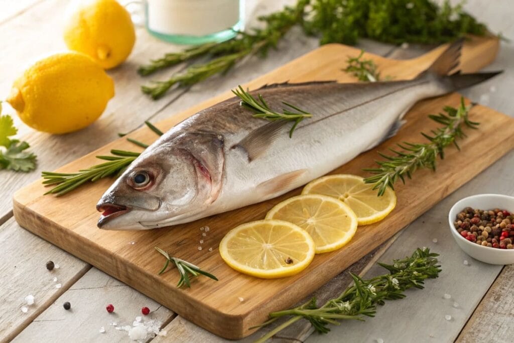 A fresh cobia fish on a wooden cutting board with lemons and herbs.
