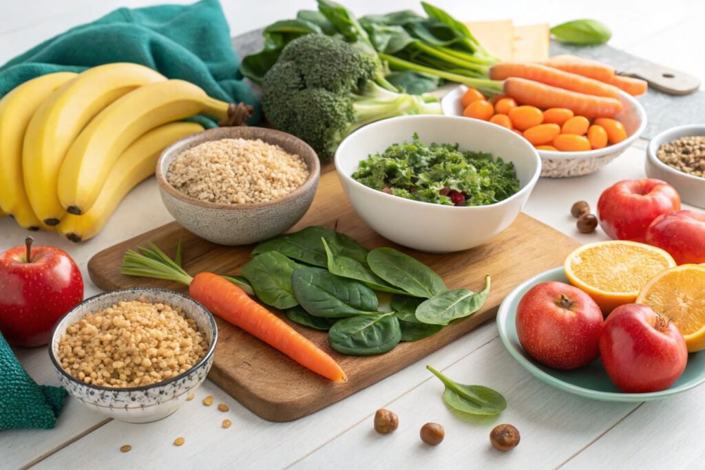 Fresh fruits, vegetables, and whole grains on a table for a low-sodium diet.