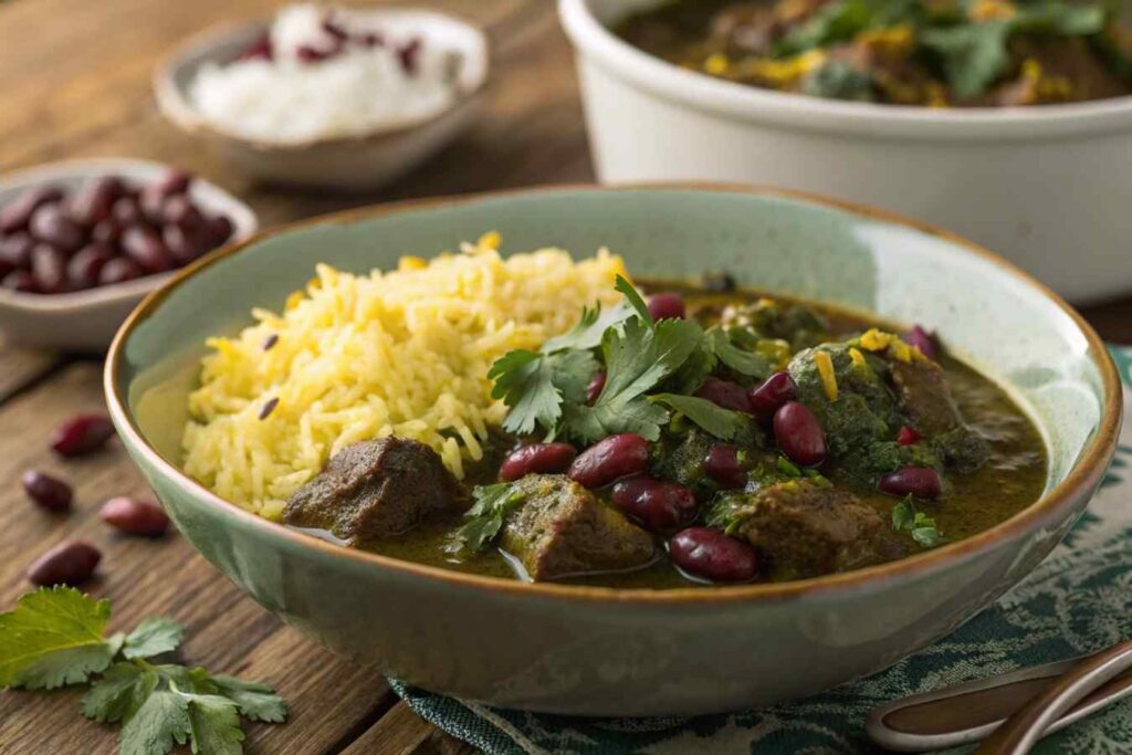 Persian Recipes: A Culinary Journey Through Tradition and Flavor 3 Ghormeh Sabzi Persian herb stew served with saffron rice.