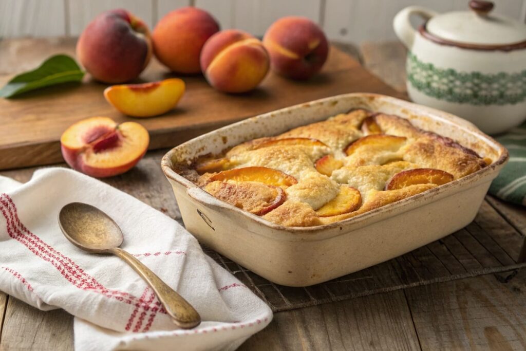 Golden-brown peach cobbler with bubbling peaches and fresh fruit.