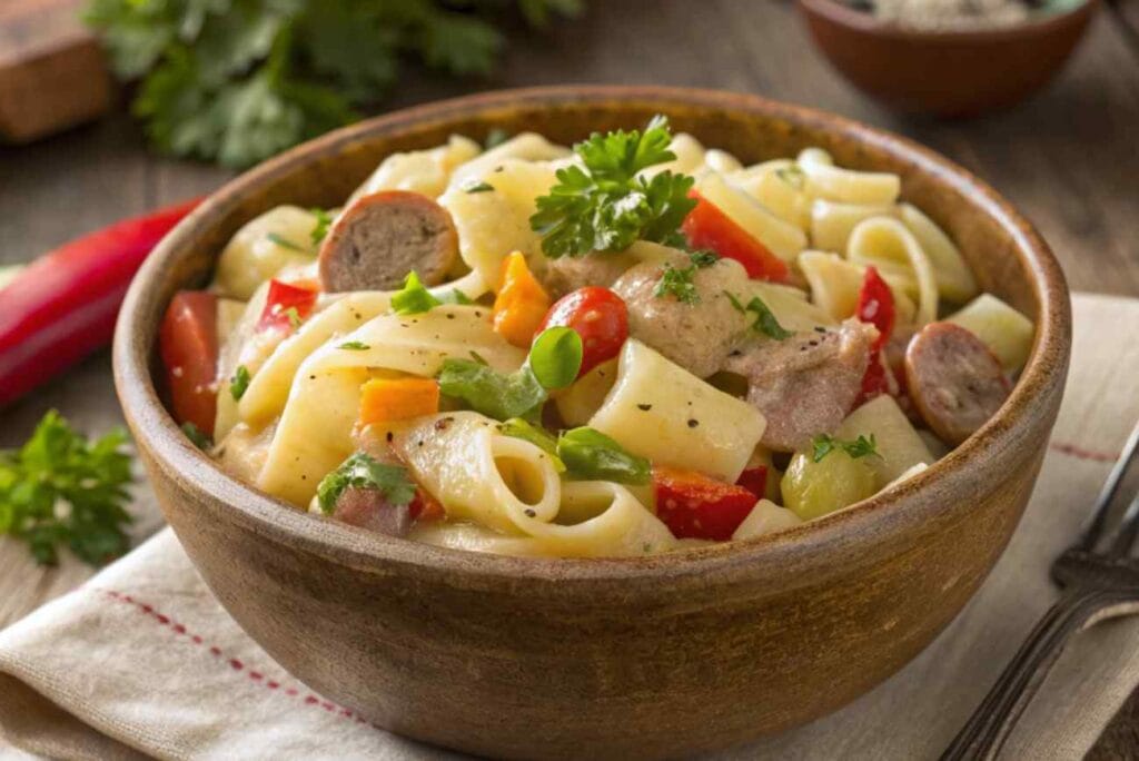 A hearty bowl of creamy Pastalaya with sausage and vegetables