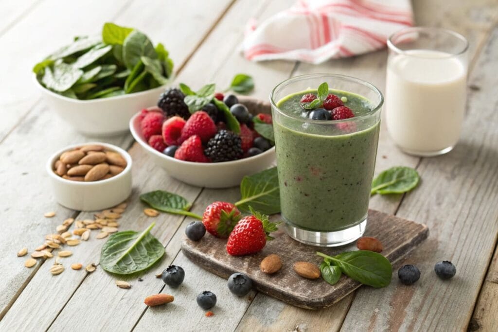 A vibrant high-protein bariatric smoothie in a glass, surrounded by fresh berries, spinach, and almond milk on a wooden table.Bariatric Recipes