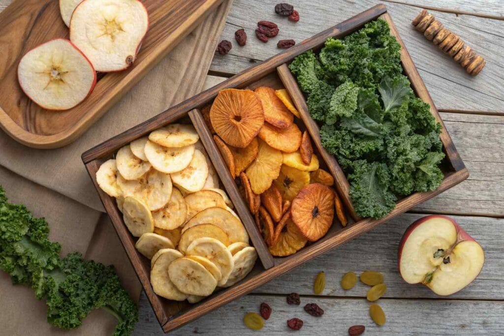 Assorted dehydrated fruits and vegetables arranged beautifully on a wooden tray.Dehydrator Recipes