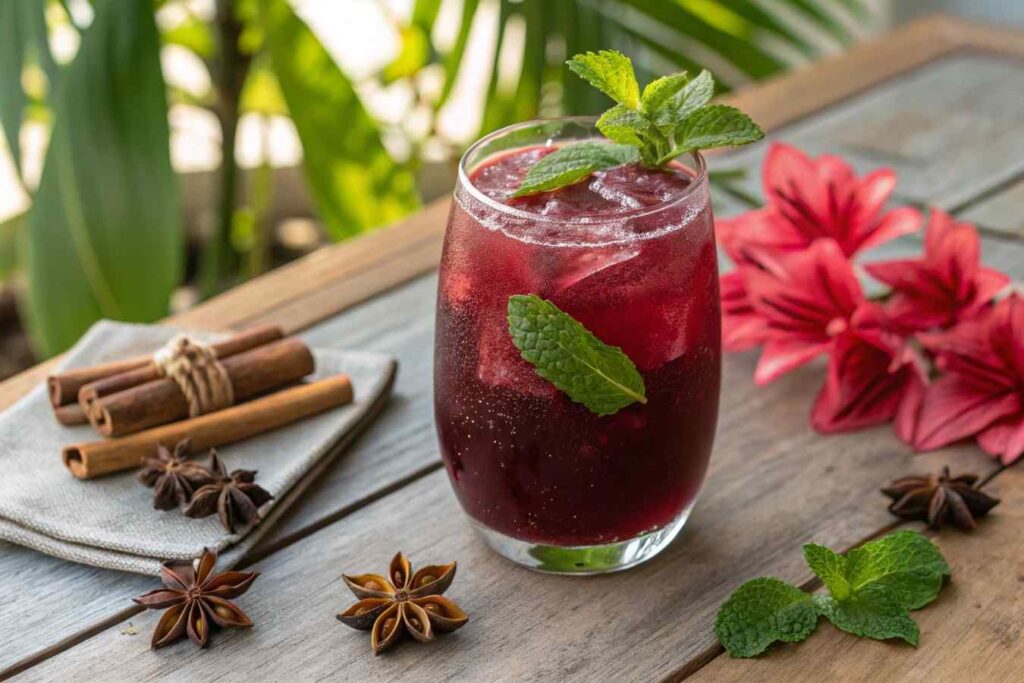 A chilled glass of Jamaican sorrel drink garnished with mint leaves and spices.