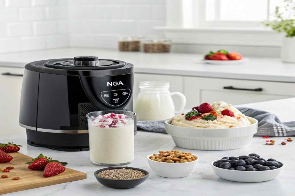 Ninja Creami appliance with protein ice cream and ingredients