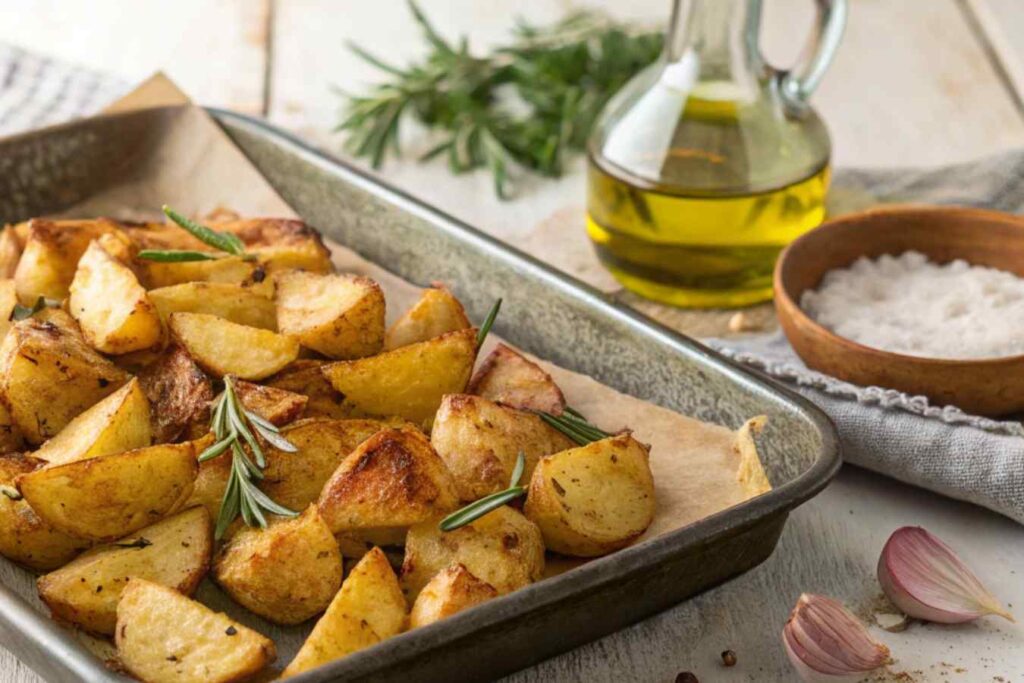 Golden roasted potatoes with rosemary and garlic on a baking tray.