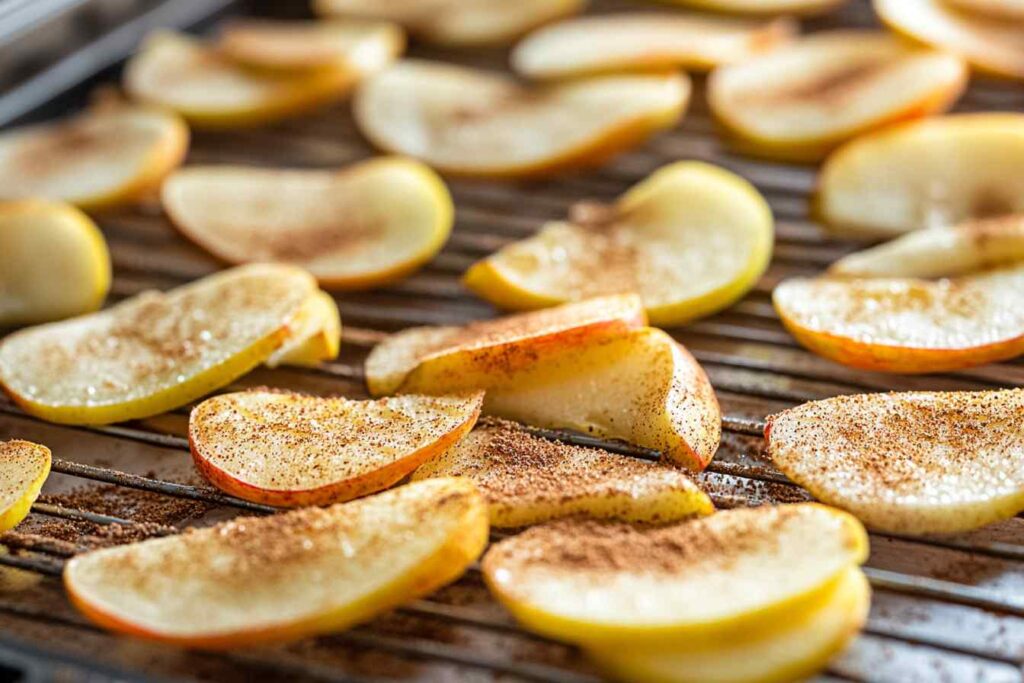 Can I Use an Air Fryer as a Dehydrator? Top Tips You Need Now! 2 Thin apple slices on an air fryer rack ready for dehydration.Can I use an air fryer as a dehydrator?