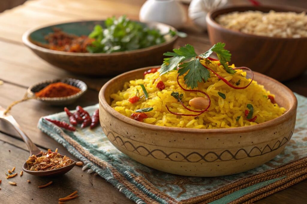 Vibrant saffron rice garnished with saffron threads and herbs.
