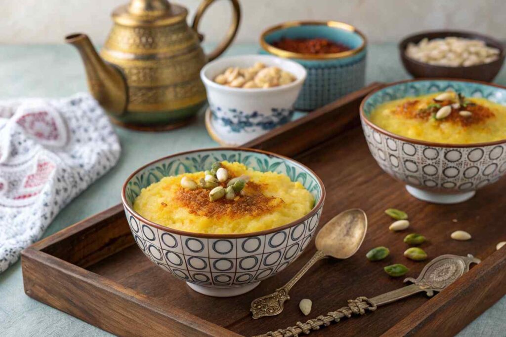 Persian Recipes: A Culinary Journey Through Tradition and Flavor 2 Sholeh Zard saffron rice pudding with pistachio garnish.