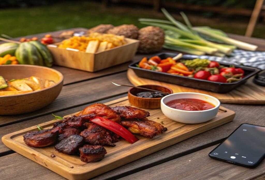 A variety of smoked foods including brisket, vegetables, and chicken wings on a rustic wooden table.smoking food
