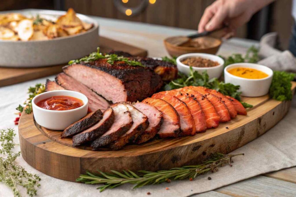 A variety of smoked meats including beef brisket, salmon, and turkey, served on a rustic wooden board.