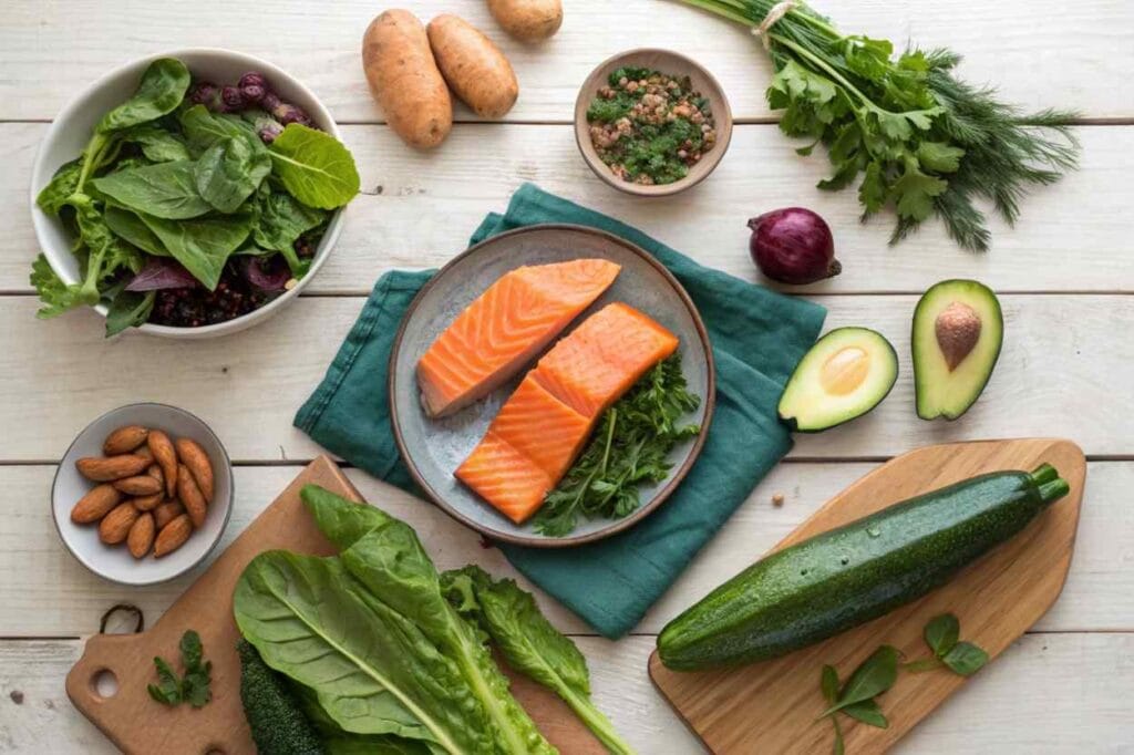 A colorful spread of fresh AIP-friendly ingredients, including leafy greens, sweet potatoes, and wild-caught salmon.