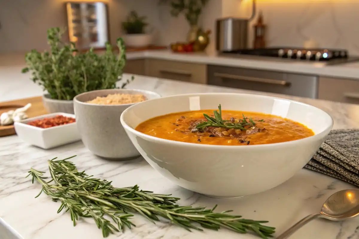 Hearty Sweet Potato and Lentil Soup on marble counter