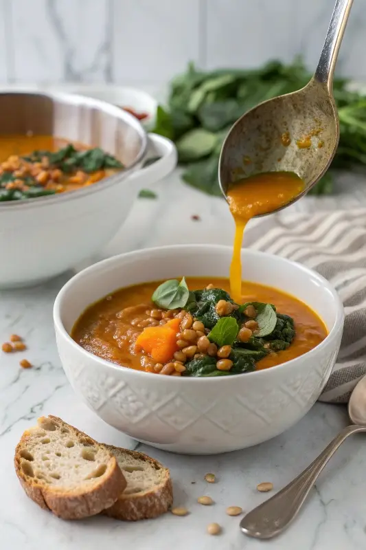 Ladling Hearty Vegetarian Soup Serving vegetarian sweet potato and lentil soup