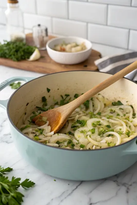 Sautéing Onions, Garlic, and Herbs Sautéing soup ingredients for vegetarian soup recipe ideas