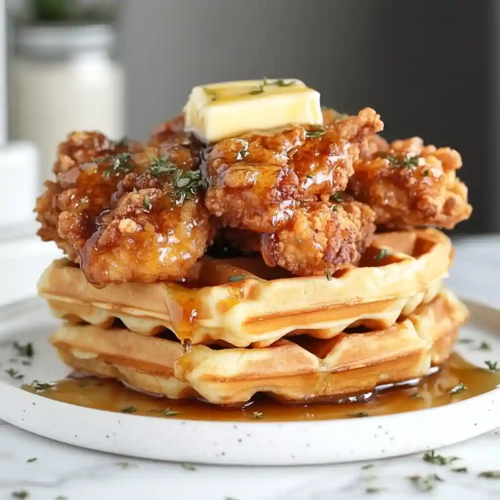 The Delicious and Nutritious World of Chicken Breakfast Recipes 4 Chicken and waffles served on white marble counter