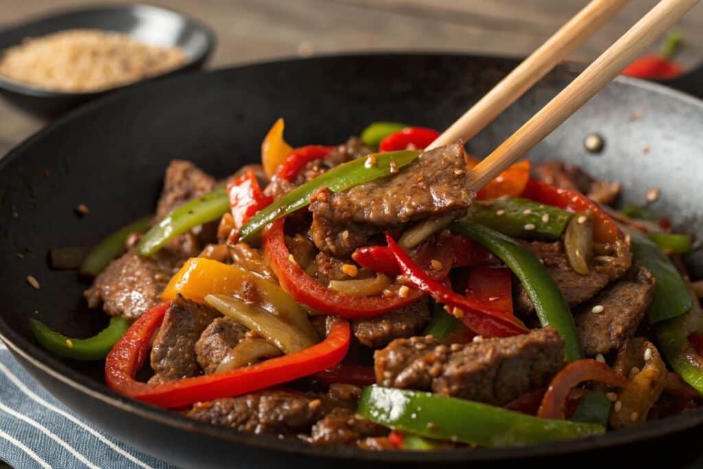 Steak and Pepper Stir Fry with sizzling beef and peppers
