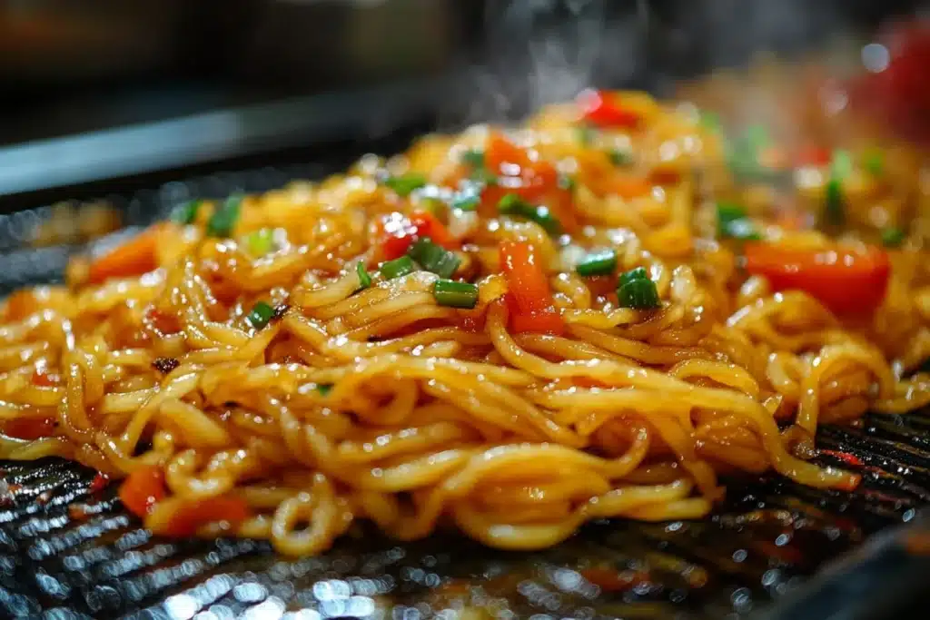 Freshly stir-fried lo mein noodles on a hot griddle, mixed with colorful vegetables.Griddle lo mein recipe