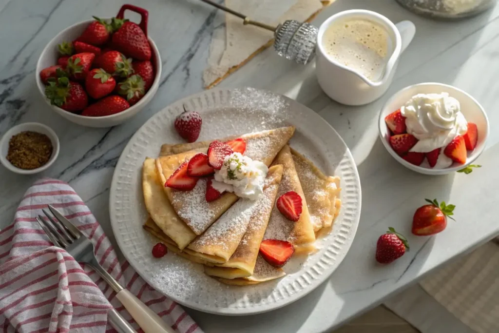 Bavarian Crepes topped with strawberries and whipped cream