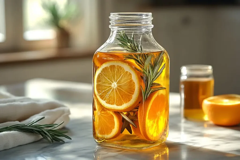 A glass bottle of homemade herbal cordial with fresh herbs and citrus slices on a rustic wooden table.Herbal Cordials Recipe