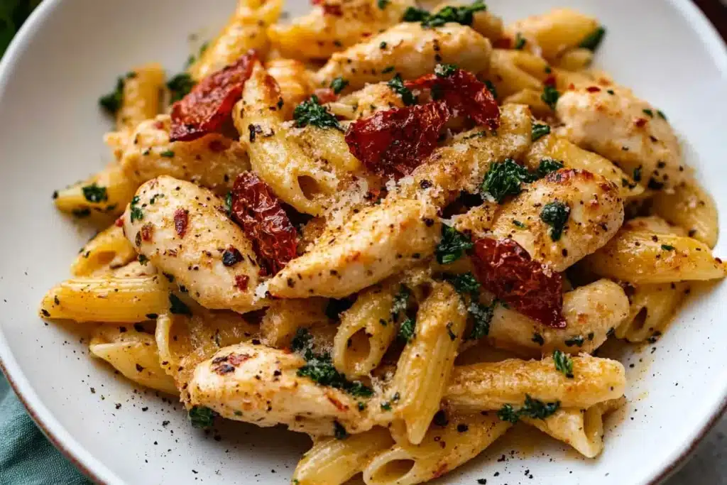 A bowl of creamy Marry Me Chicken Pasta, topped with seared chicken, sun-dried tomatoes, parmesan, and fresh basil.