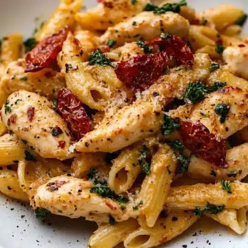 Creamy Marry Me Chicken Pasta 4 A bowl of creamy Marry Me Chicken Pasta, topped with seared chicken, sun-dried tomatoes, parmesan, and fresh basil.