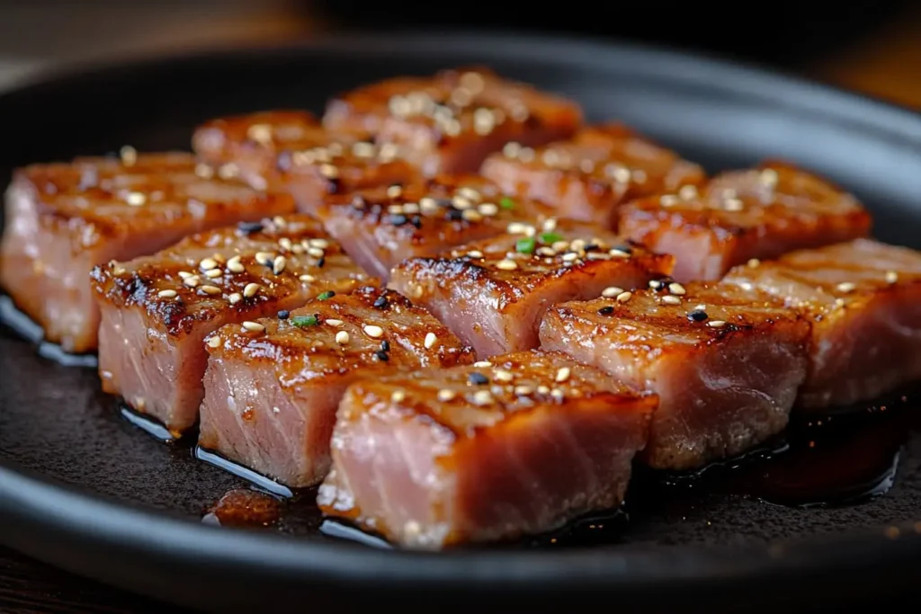 Seared ahi tuna slices with a golden crust on a dark plate.