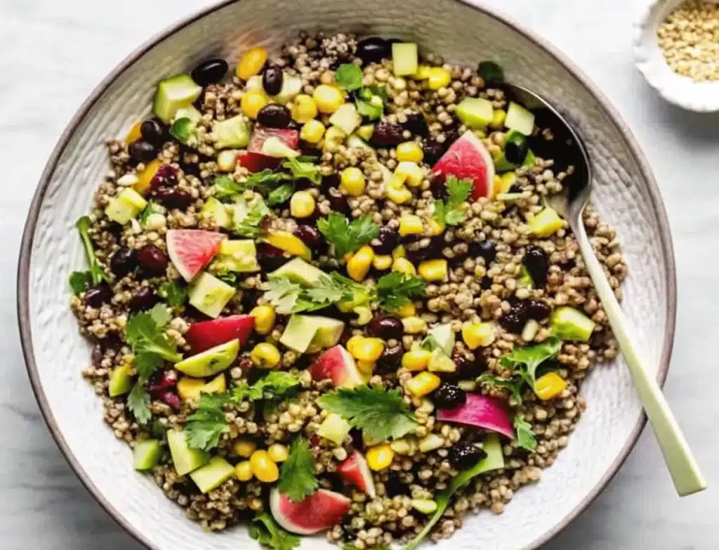 Quinoa Salad with black beans, corn, and avocado served in a bowl