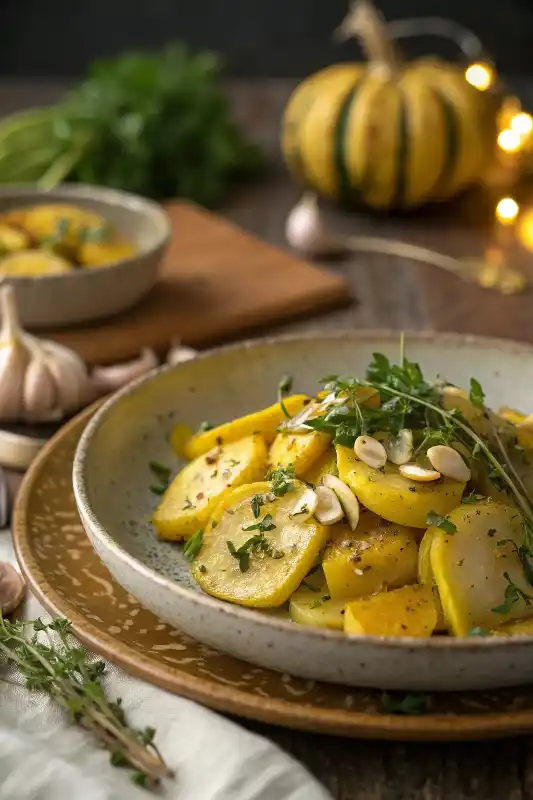 Sautéed Yellow Squash Recipe in Golden Hour Glow beautifully-plated-yellow-squash-recipe-with-herbs