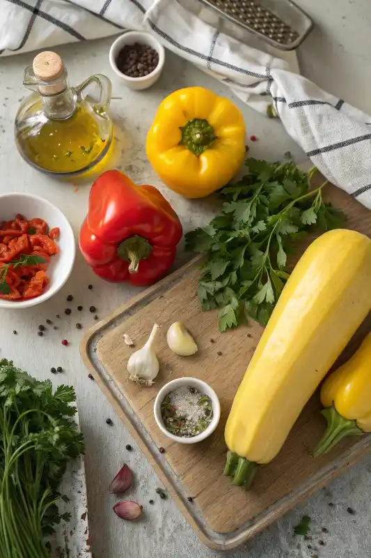 Yellow Squash Recipes Fresh Ingredients Flat Lay Yellow-squash-recipes-with-vibrant-vegetables-and-herbs