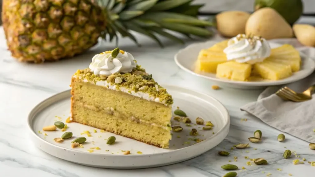A Slice Of Beautifully Decorated Tropical PistSlice of Tropical Pistachio Bliss Cake with whipped topping