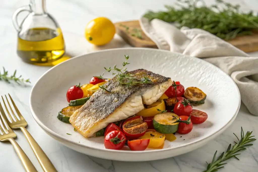 California Corbina recipe with skin-on fillet and colorful roasted vegetables on white plate