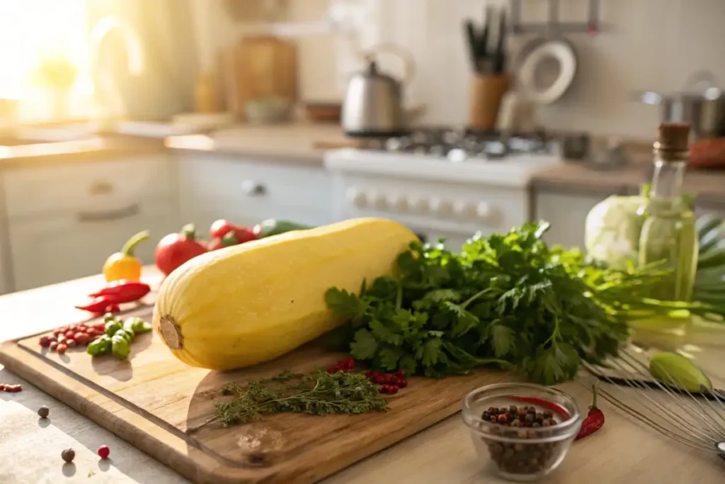Close-up-yellow-squash-fresh-herbs-golden-hour-lighting