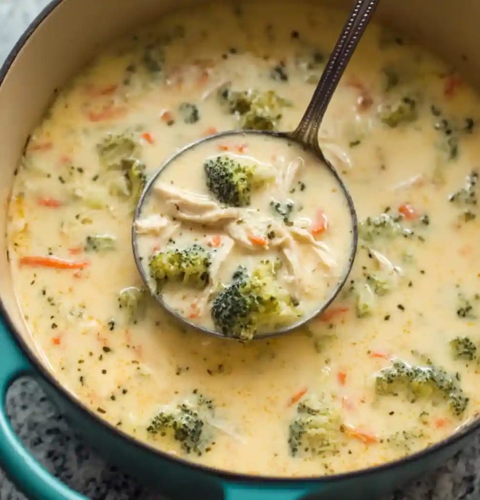 Creamy chicken broccoli soup in a pot with a ladle scooping out tender broccoli, chicken, and carrots