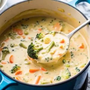 Creamy Chicken Broccoli Soup – Easy, Nourishing, and Family-Friendly 2 Chicken broccoli soup in a light blue pot with a ladle lifting soup full of carrots, broccoli, and creamy broth