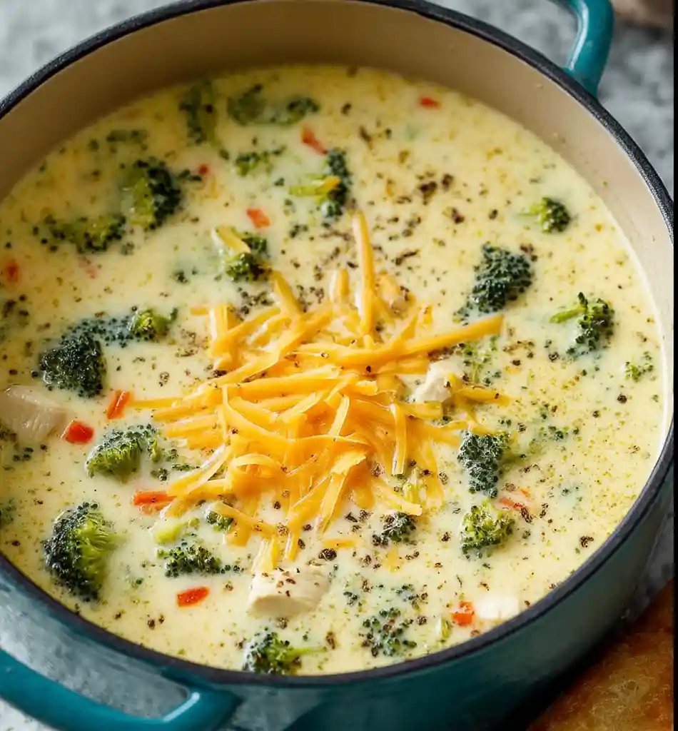 Creamy Chicken Broccoli Soup – Easy, Nourishing, and Family-Friendly 5 Chicken broccoli soup in a large pot topped with shredded cheddar cheese and black pepper