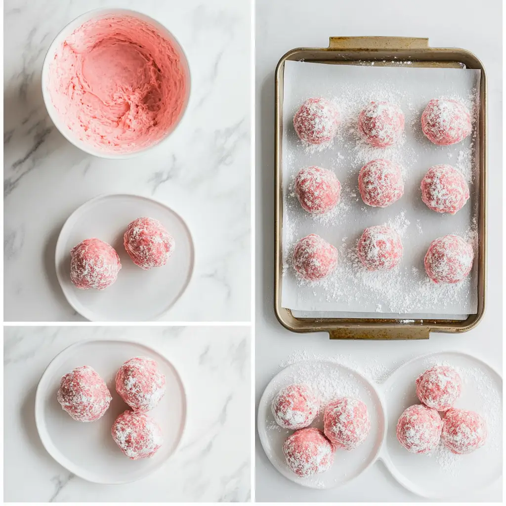 How to Make Strawberry Crinkle Cookies_Step by Step Visual steps showing how to prepare strawberry crinkle cookie dough in a modern white kitchen.