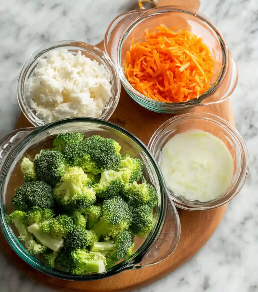 Creamy Chicken Broccoli Soup – Easy, Nourishing, and Family-Friendly 4 Bowls of fresh broccoli, shredded carrots, grated cheese, and cream arranged on a wooden cutting board