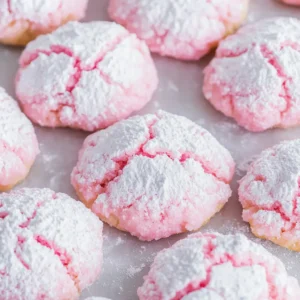 Strawberry Crinkle Cookies: Soft, Sweet & Fun to Bake 2 Strawberry crinkle cookies with a crinkled powdered sugar top, served on a white plate in a bright modern kitchen.