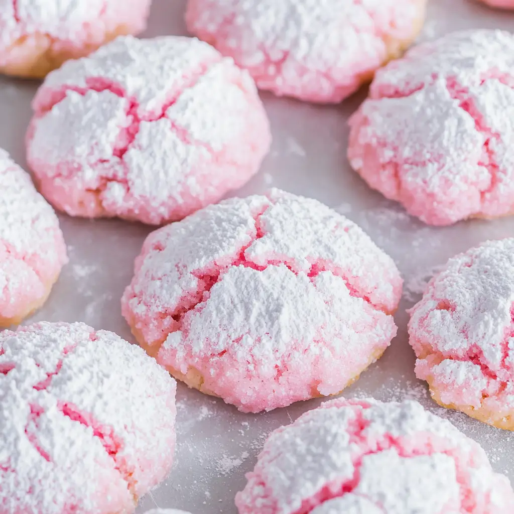 Strawberry crinkle cookies with a crinkled powdered sugar top, served on a white plate in a bright modern kitchen.