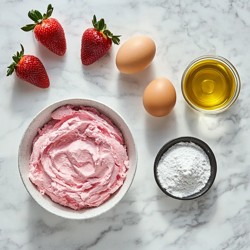 Strawberry Crinkle Cookie Ingredients_flat lay Overhead view of strawberry crinkle cookie ingredients neatly arranged on a white surface in a bright modern kitchen.