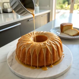 Pound Cake with Caramel Icing: A Southern Favorite That Feels Like Home 2 Caramel glaze being poured on a round bundt Baptist Pound Cake