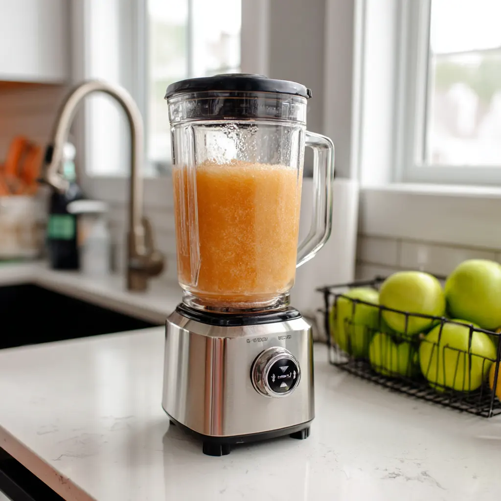 Frozen Peach Lemonade Slush – Easy, Refreshing Summer Treat 5 Blending frozen peach lemonade slush in bright modern setting