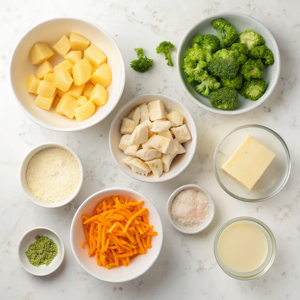 Broccoli Cheddar Potato Soup for Two – Easy, Creamy & Comforting Recipe 2 Flat lay of labeled ingredients for spicy broccoli cheddar potato soup, neatly arranged on a white patterned surface.