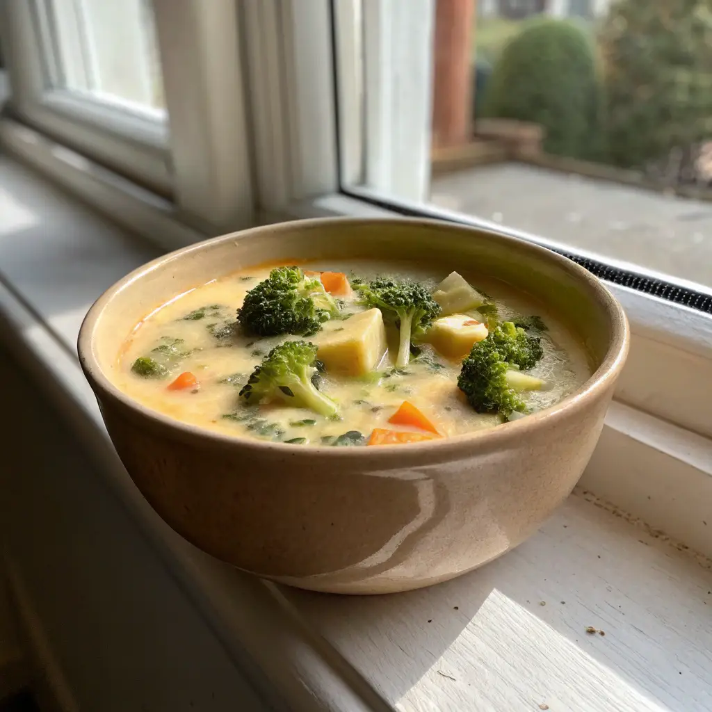 Broccoli Cheddar Potato Soup for Two – Easy, Creamy & Comforting Recipe 5 A ceramic bowl full of spicy potato broccoli cheddar soup sitting on a window ledge with a spoon resting in it.