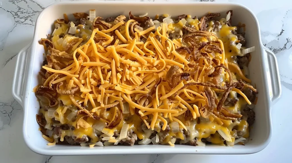 Golden cheesy hash brown and hamburger casserole in baking dish