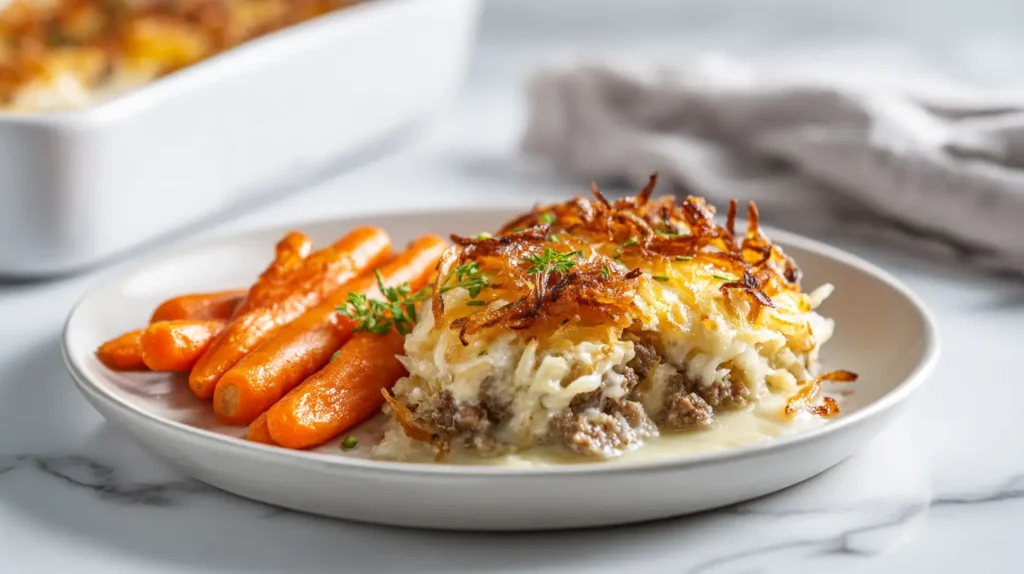 Cheesy Hash Brown and Hamburger Casserole: Easy Comfort Food 5 Cheesy hash brown and hamburger casserole served with glazed carrots